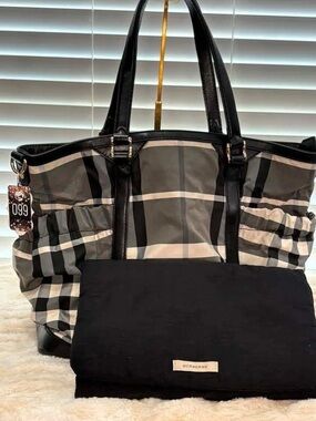 Burberry Black and Gray Plaid baby Tote with Leather Trim